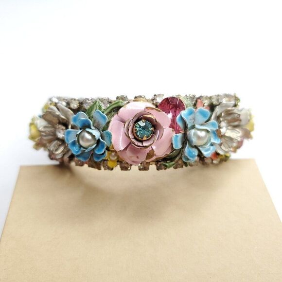 3D Floral Bangle Cuff Bracelet Rhinestones Cottagecore Flower Blue Pink Yellow - Picture 8 of 13